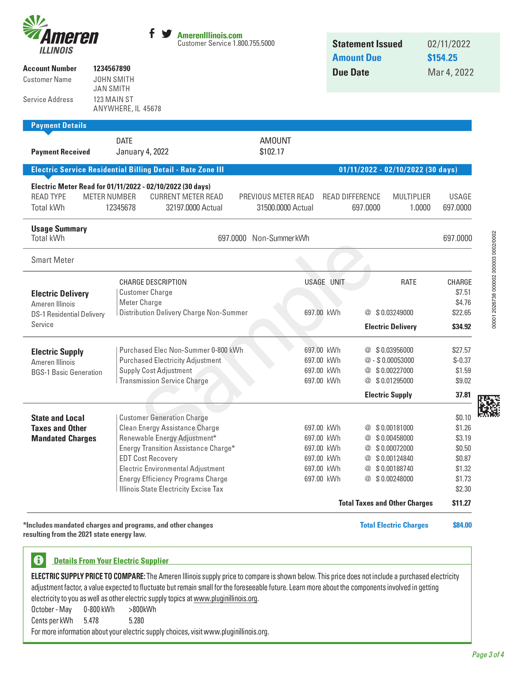 Sample Ameren Illinois bill, Your Ameren bill: the charge detail page